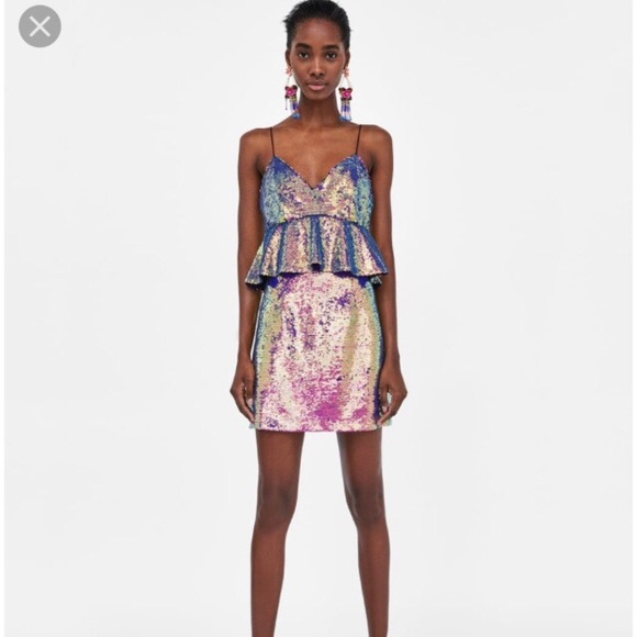 “Zara" gorgeous multi-colored sequined mini dress w/ spaghetti straps & peplum - Picture 4 of 16